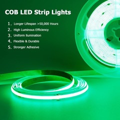 12v Cob Led Strip Green 16.4ft Waterproof Ip65 Super Bright 2400leds Dotless Out