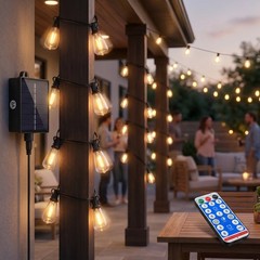 60FT Patio Solar Outdoor String Lights Waterproof Remote Control 16 ST38 Bulbs