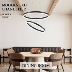 Modern LED Chandelier Black 2-Rings Pendant Light Circular Flush Mount Ceilin…