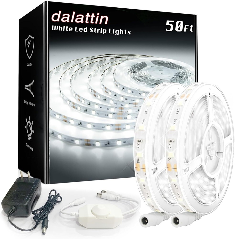 White LED Strip Light 50Ft (2x25ft) Dimmable Bright 12V Led Light Strip 6500K