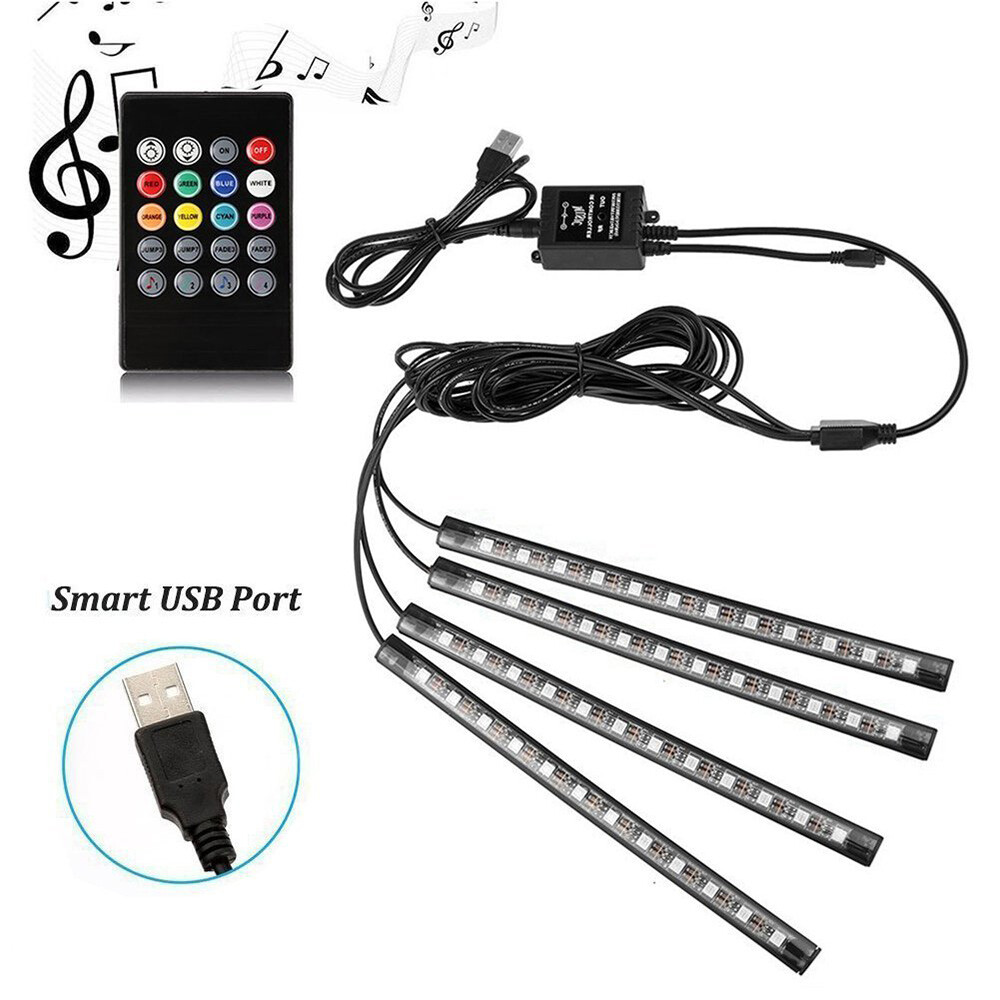 RGB 4*36 LED Glow Car Interior Lamp Under Dash Footwell Seat Inside Lighting USB