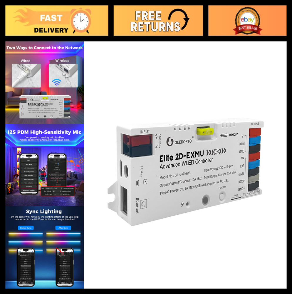 WiFi Ethernet LED Controller with I2S Mic, 20A Relay, Works with WS2811 WS2815 R
