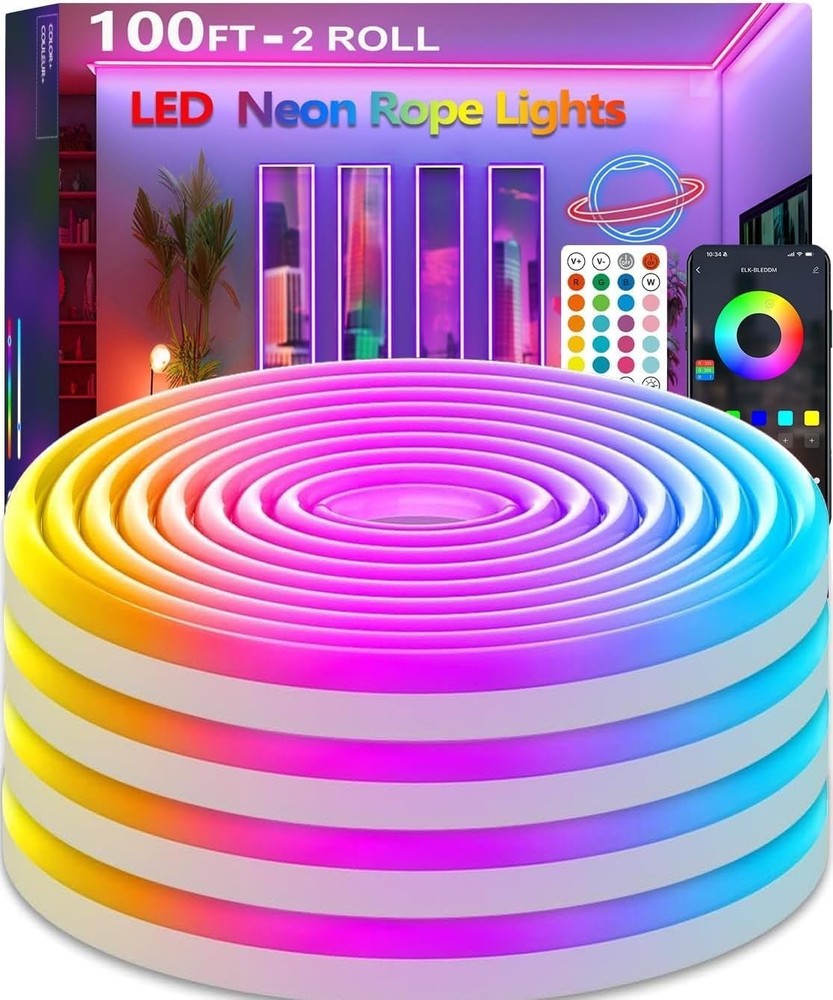 100Ft LED Neon Rope Lights with App and Remote Control, IP65 Waterproof Neon Str