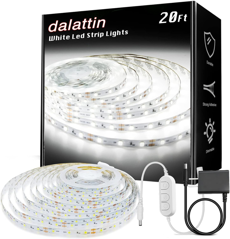 White LED Strip Lights, 20Ft Dimmable Super Bright 24V Led Tape Light 6500K 360