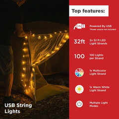 LED String Lights – 2-Pack of 32Ft USB Lights with 100 LED Bulbs per Strand – Wa