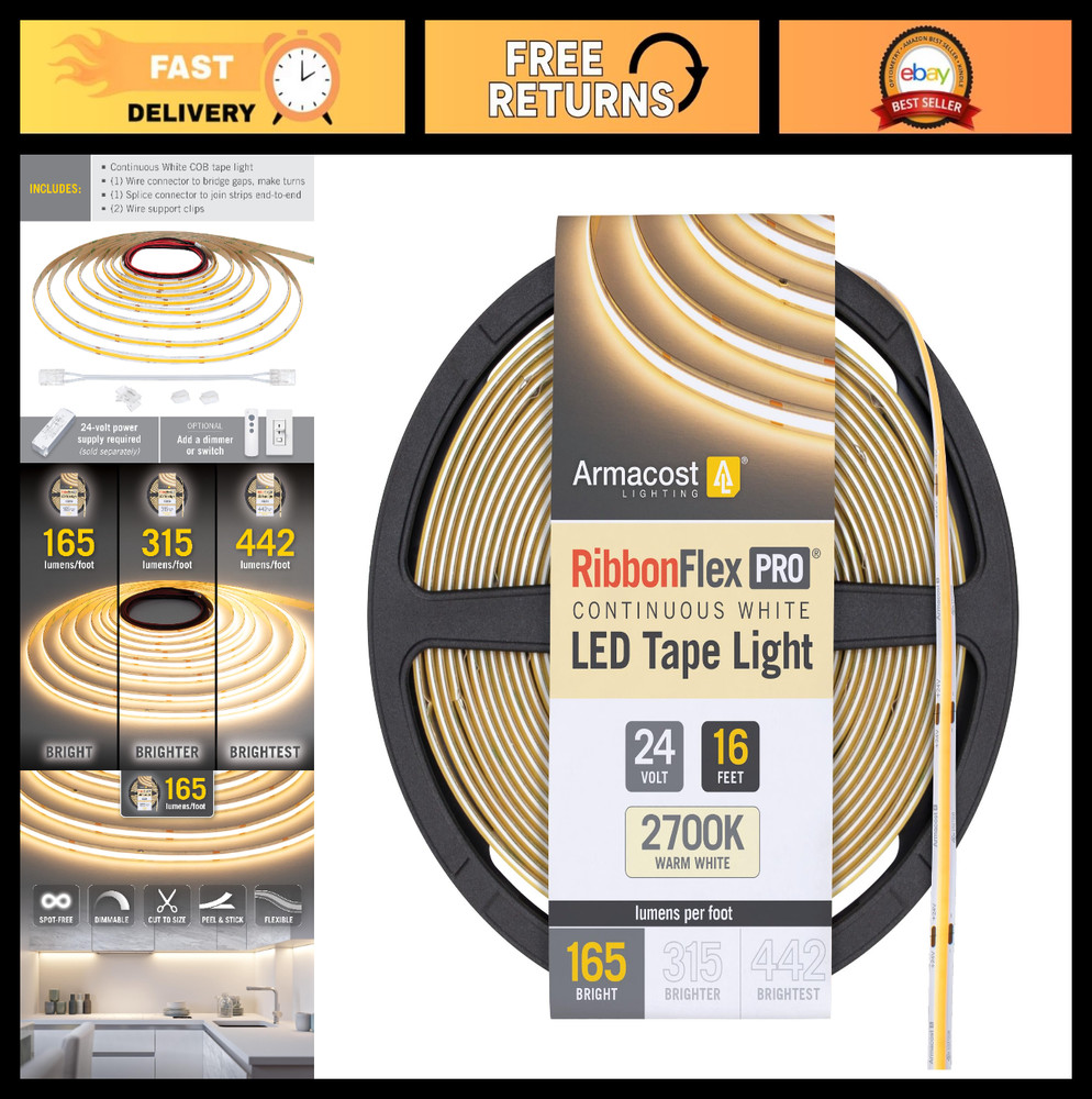 24V White COB LED Strip Light Tape 2700K, 165 Lumens/Ft, 5M Flexible Lighting