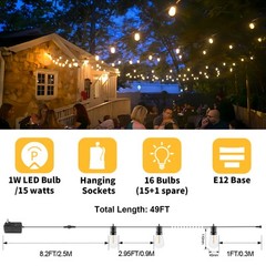 49FT Outdoor String Lights Dimmable Remote IP65 Waterproof Christmas Lights