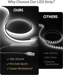 5V USB COB LED Light Strip with Dimmer 3.3FT 6000K Waterproof LED Tape Light TV