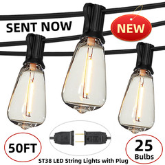 Outdoor Led String Light Plug in 50FT LED Lights with 25 Bulbs ST38 Shatterproof