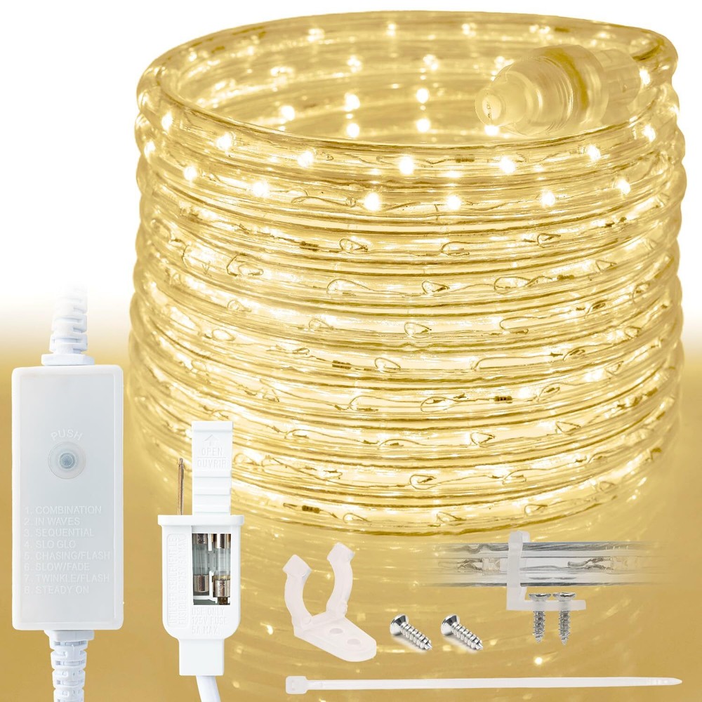 Warm White 8-Mode LED Outdoor Waterproof Rope Light 10′ 25′ 50′ 100′ 150′ 300’ft