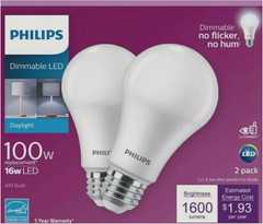 2x2pack Philips 100W Dimable LED A19 BULB, 16w DAYLIGHT 1600 Lumens