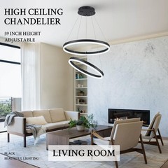 Modern LED Chandelier Black 2-Rings Pendant Light Circular Flush Mount Ceilin…