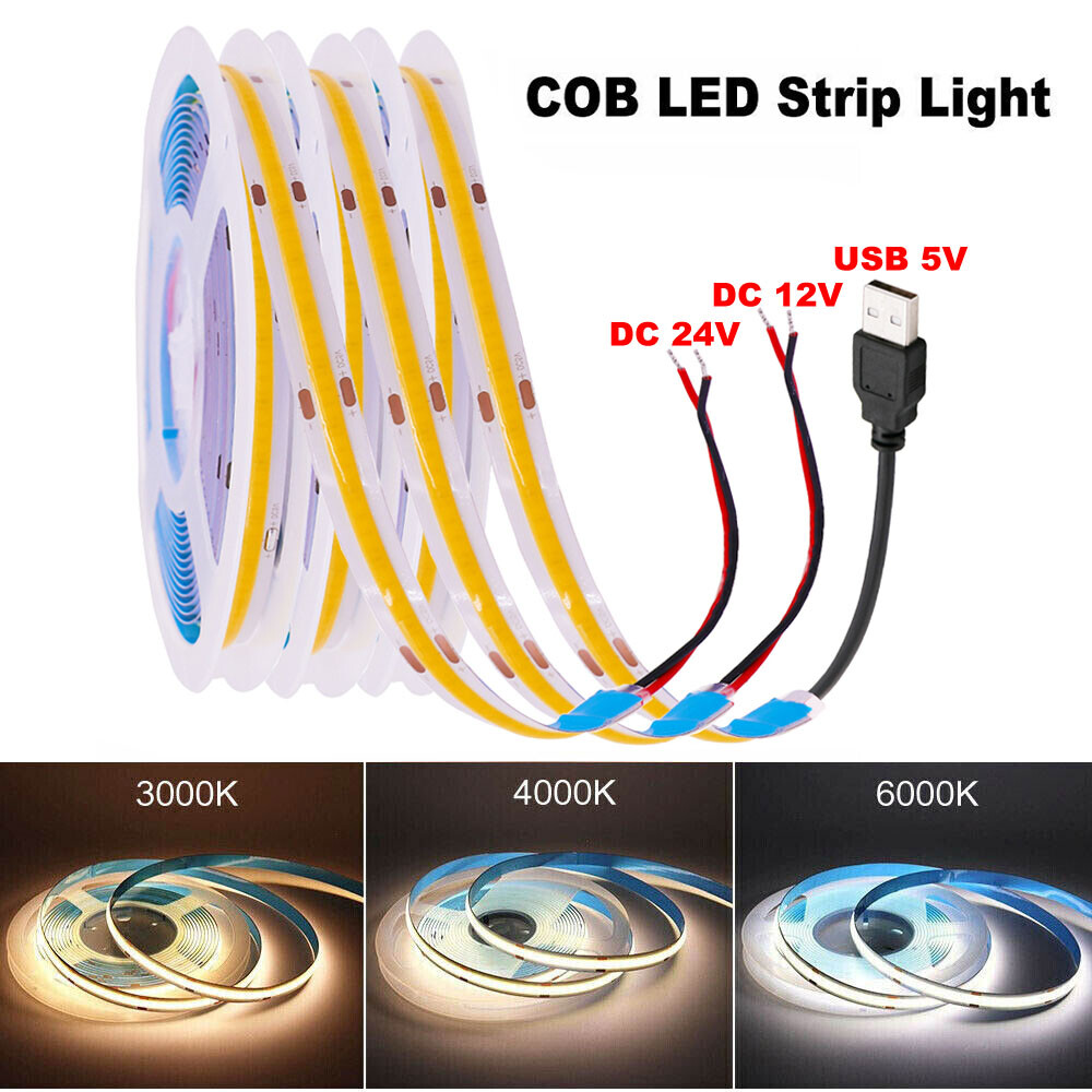 COB LED Strip Light Flexible Tape Lights Home DIY Lighting Warm White 5V 12V 24V
