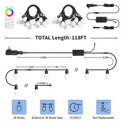 Outdoor String Lights 118FT Smart Patio with 59ft, ‎RGBIC+Warm White