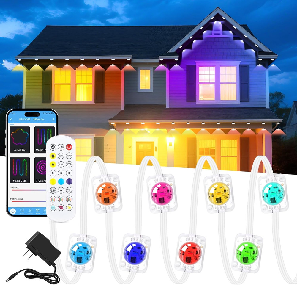 200FT RGB+IC Permanent Outdoor Lights, 24V Year-Round Roof & Eaves Lighting with
