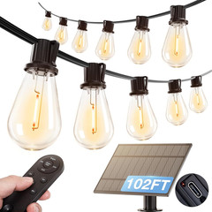 102FT(96FT+6) Solar String Lights Outdoor Waterproof with USB Port & Remote Cont