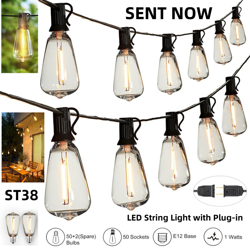 Outdoor Led String Light Plug in 50FT LED Lights with 25 Bulbs ST38 Shatterproof