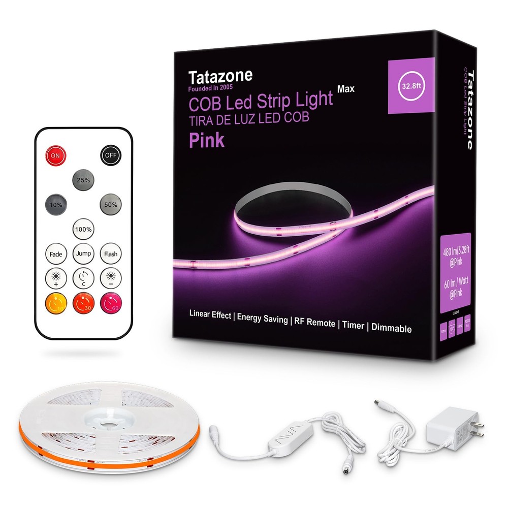 32.8 Ft Pink COB LED Strip Lights RF Remote Dimmable Bright Adhesive Indoor