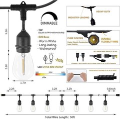 25FT Outdoor String Lights Waterproof S14 LED Bulbs Dimmable Patio Decor