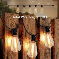 60FT Solar Outdoor String Lights Waterproof Patio 16 ST38 Bulbs Remote Control