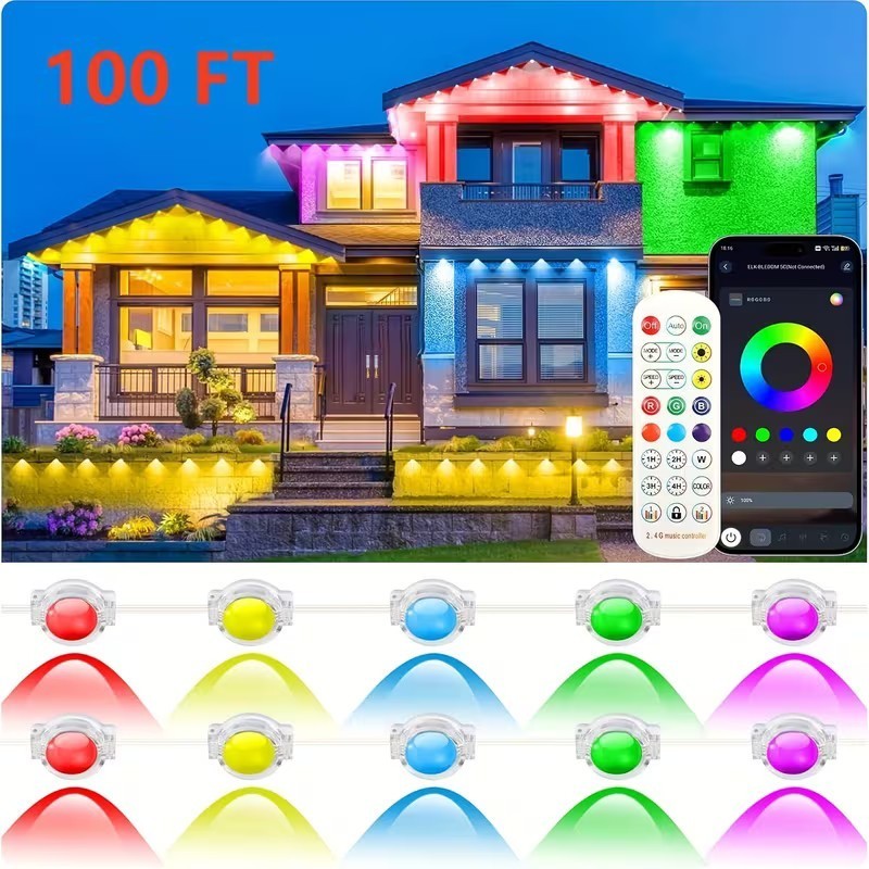 100FT 60 Leds Permanent Outdoor RGB Smart LED Eaves Lights for Wedding Party DIY
