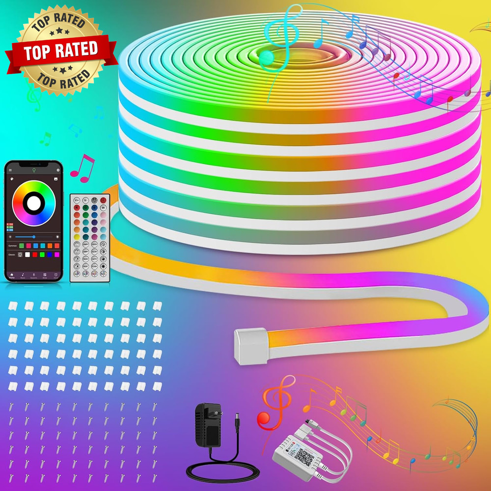 100Ft RGB LED Neon Rope Lights with App, Remote Control, IP65 Waterproof Neon Li