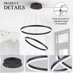 Modern LED Chandelier Black 2-Rings Pendant Light Circular Flush Mount Ceilin…