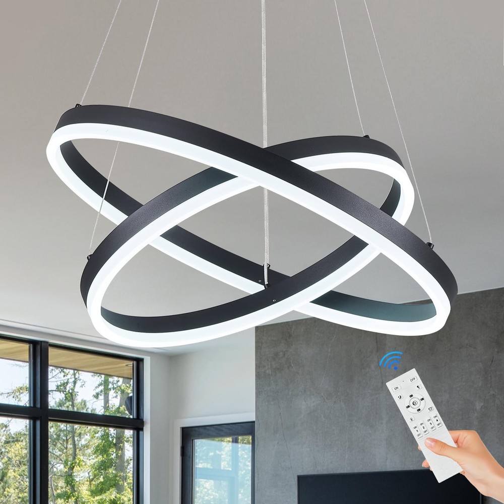 Modern LED Chandelier Black 2-Rings Pendant Light Circular Flush Mount Ceilin…
