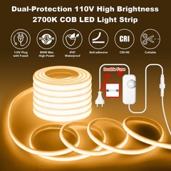 IP67 Waterproof COB LED Strip Lights AC 110V-120V Direct Plug, 66FT Super Bri…