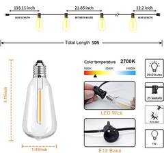 LED Outdoor String Lights, ST38 LED Patio Lights with E12 Edison Vintage Bulbs