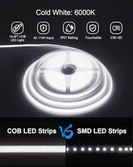 110V 120V LED Strip Lights Waterproof 16.4ft COB 5M (No Remote) Cold White