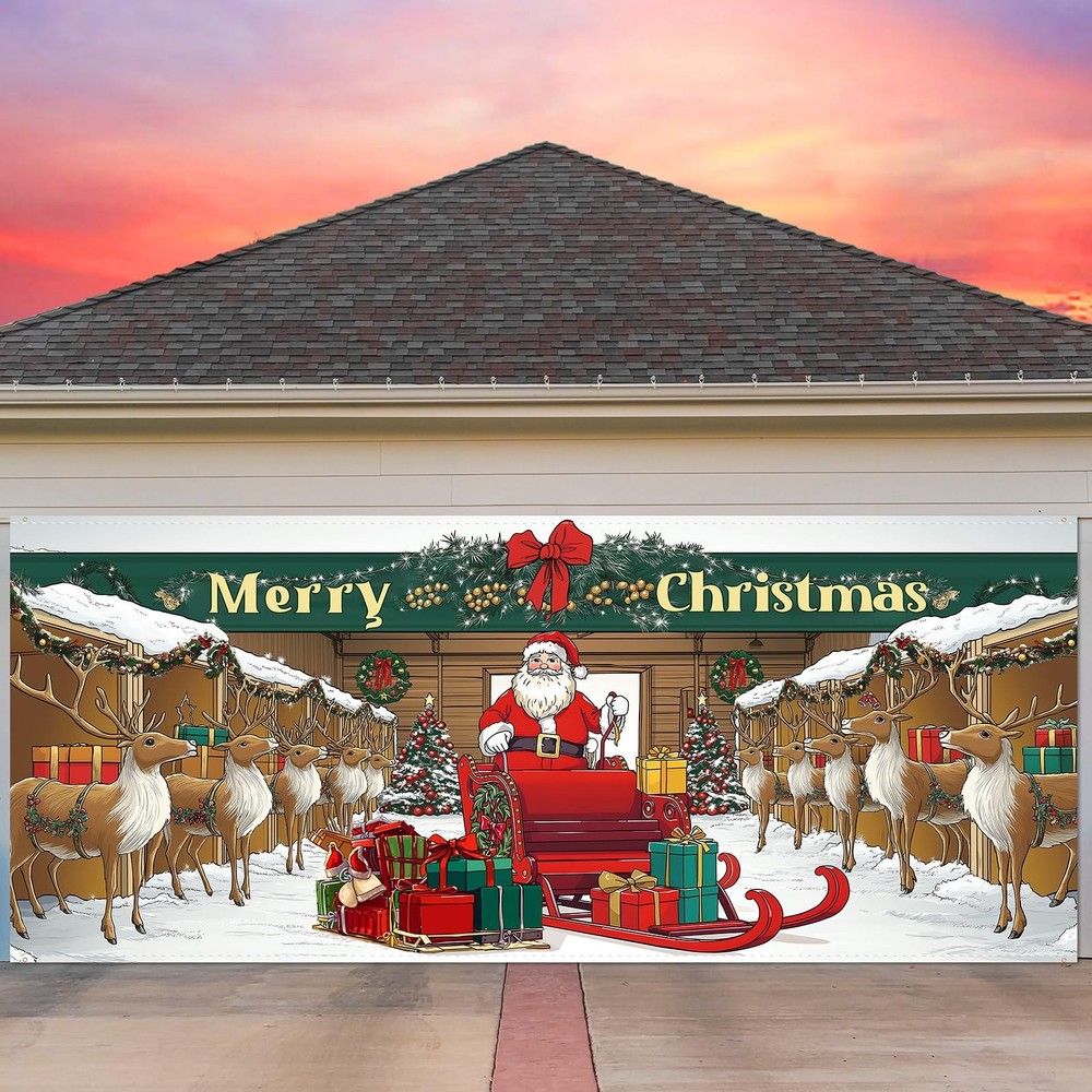 Tingjoo 7 x 16 ft Christmas Garage Door Cover Banner 7 x 16 ft, red