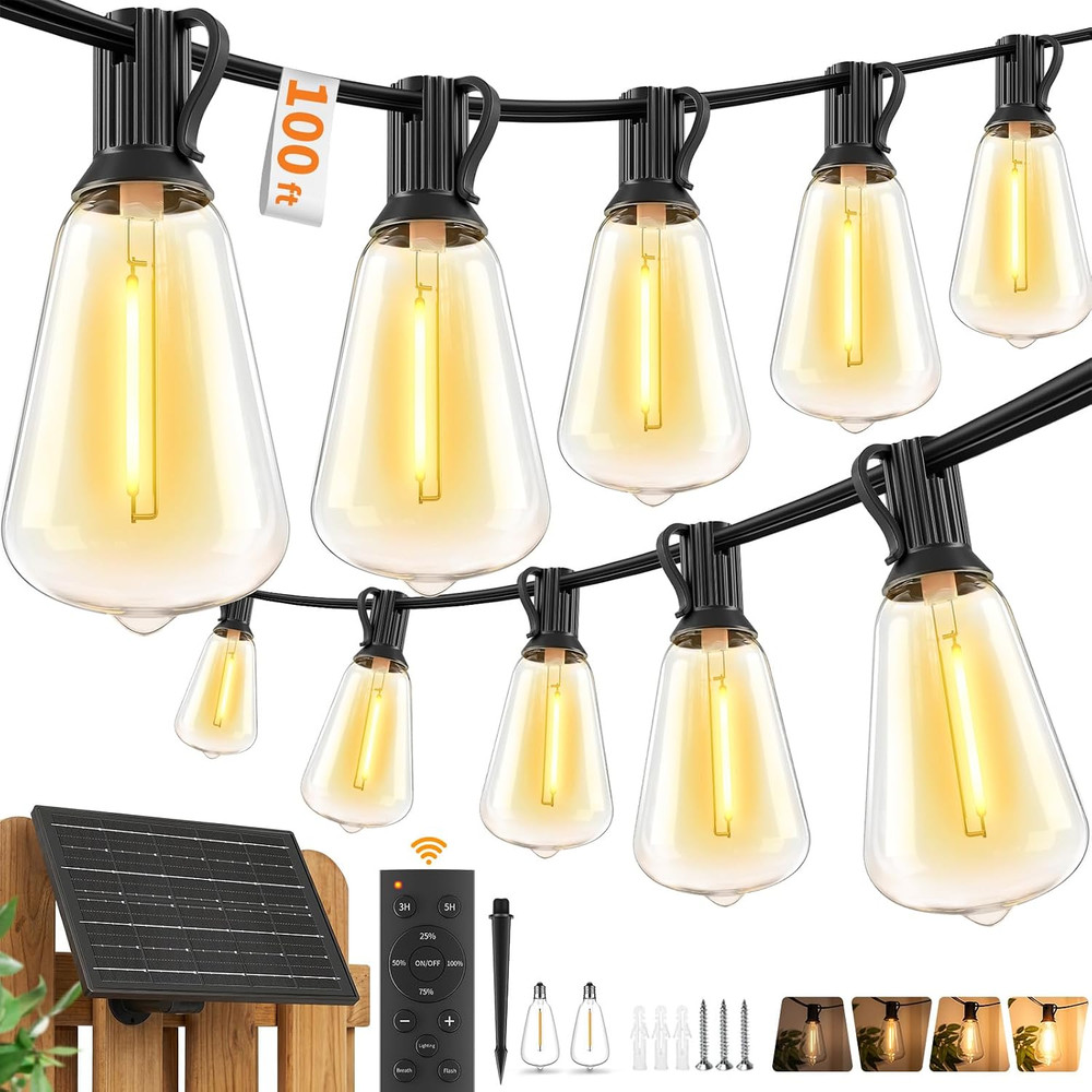 Hotsonic Solar Outdoor String Lights Waterproof, 100FT Remote Control LED Outsid