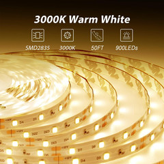 Warm White LED Strip Lights 50Ft, Dimmable 3000K, 900 Leds, 2 Rolls of 25Ft
