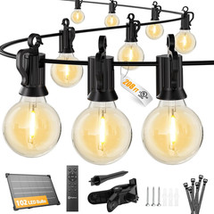 108FT 52LED Solar String Lights Outdoor with Remote & USB Port, Shatterproof Bul