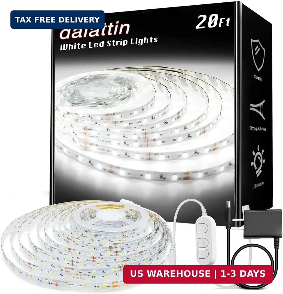 dalattin White LED Strip Lights, 20ft Dimmable Super Bright 24V Led Tape Light 6