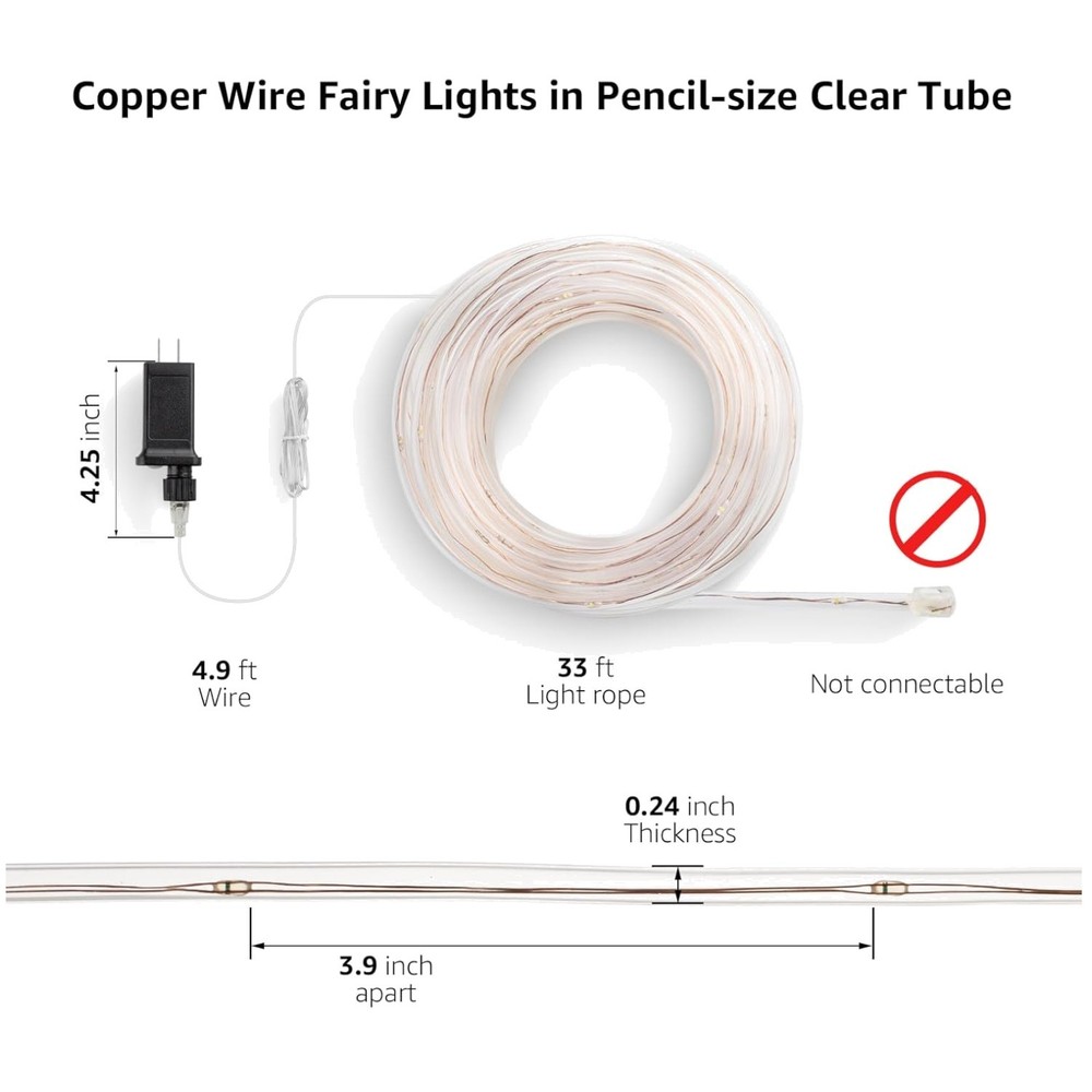 Thin Light Rope 33 ft Tube, 100 LED Fairy Lights, Cool White