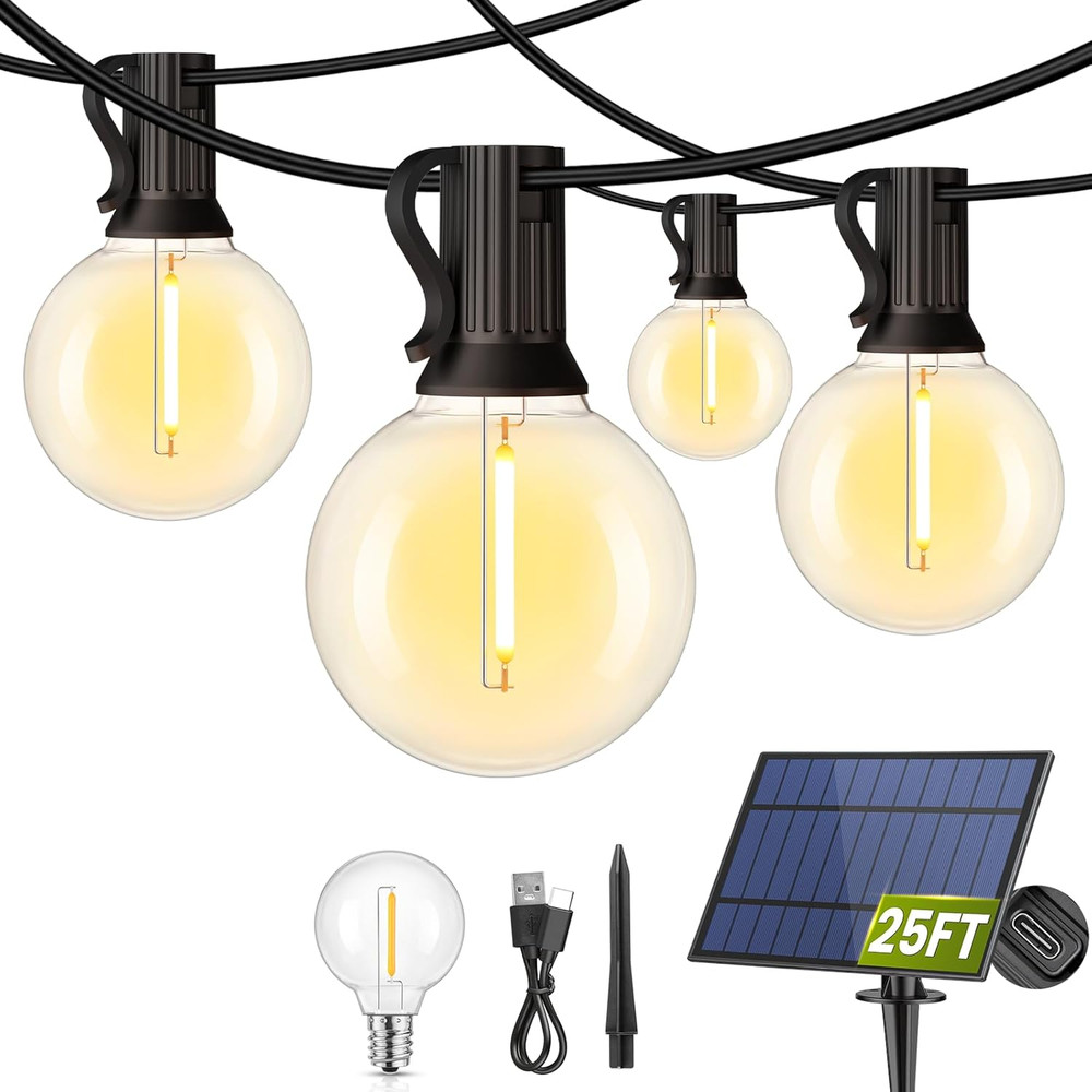 25FT Solar String Lights Outdoor Waterproof G40 Bulbs with Dual Charging for