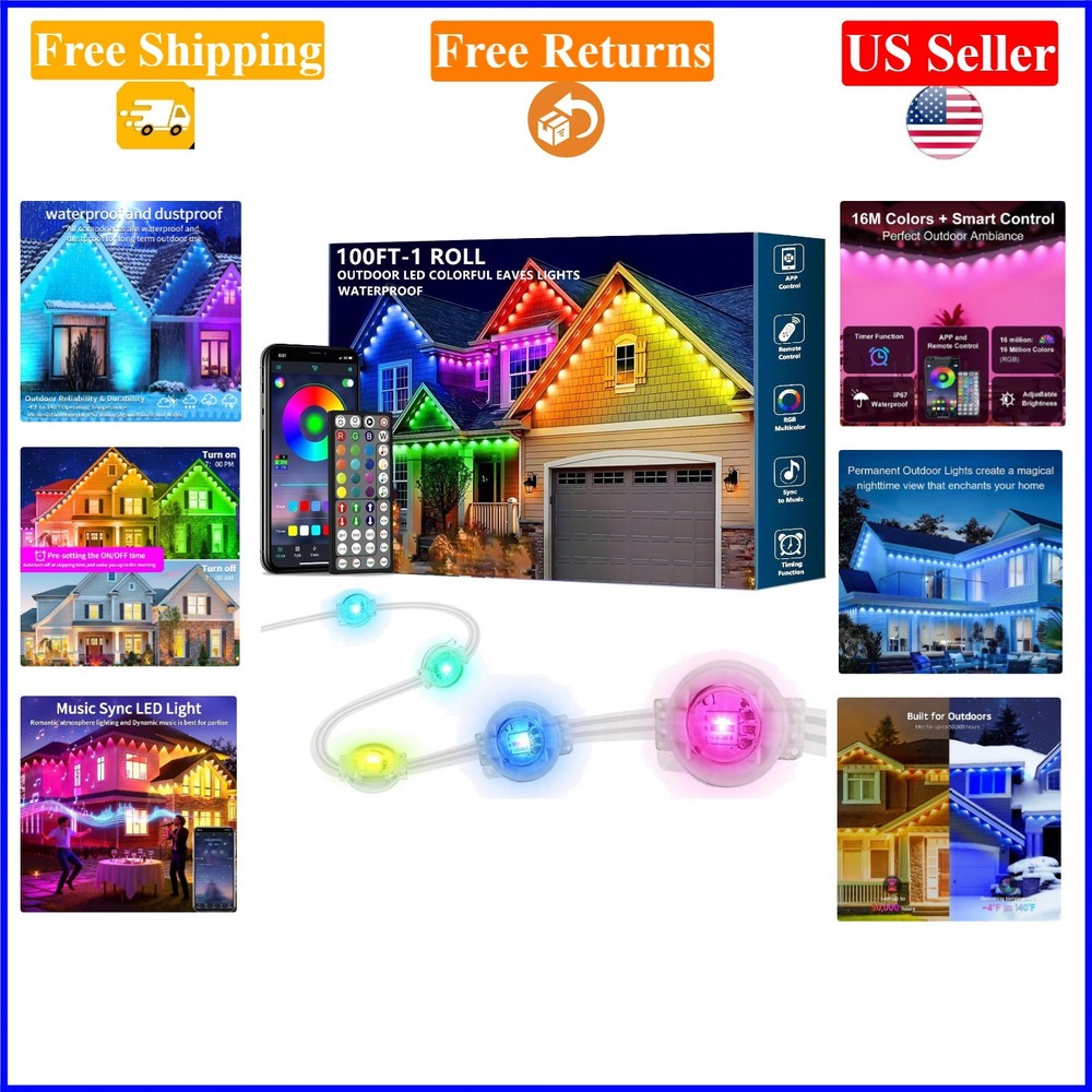 100FT RGB Outdoor Waterproof Smart LED Eaves & Roof Lights
