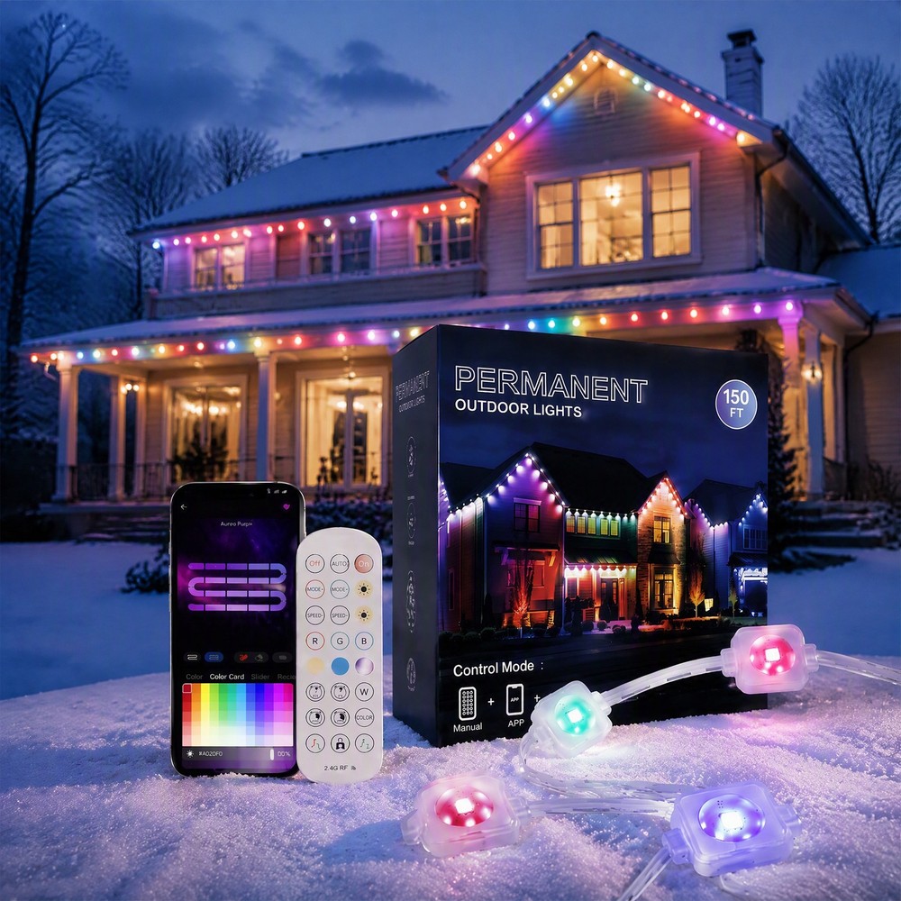 150FT RGB+IC Eave Permanent Outdoor Lights Smart 90 LED Strip Light w Remote APP