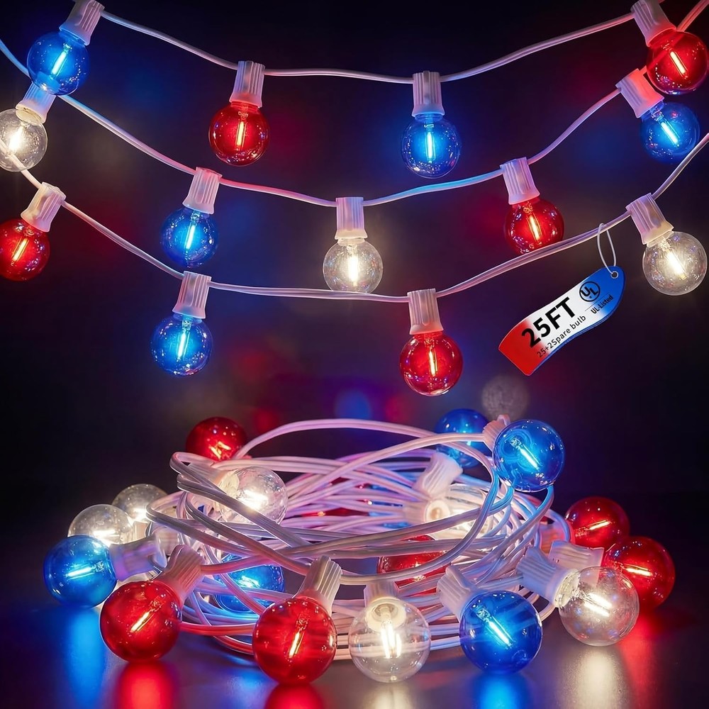25Ft G40 LED Globe Lights Red White Blue Waterproof Patriotic String Lights 27 B