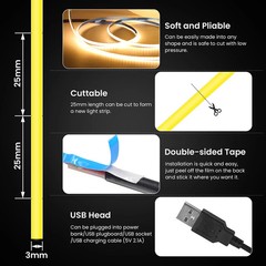 5V USB 3mm PCB COB LED Strip Light with Switch Dimmer Remote Control 320 LEDs