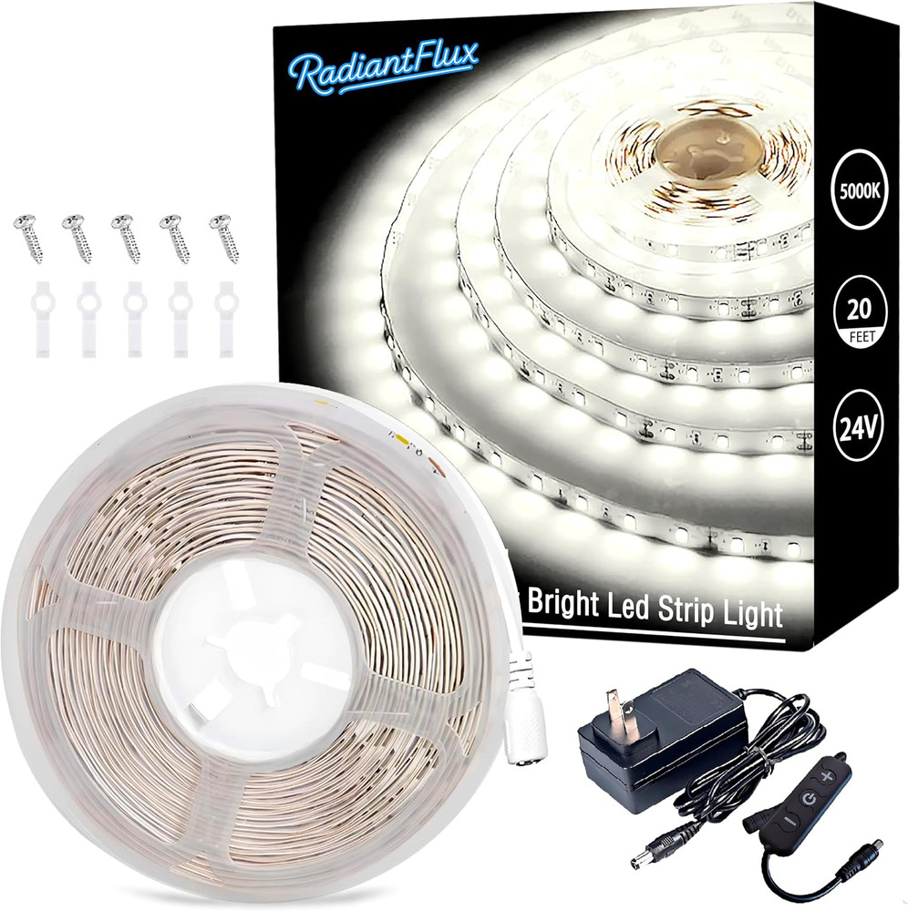 Radiantflux Dimmable & Flexible 20Ft LED Strip Lights, 5000K Cool White, Bright