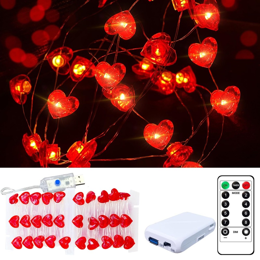 red 50-16-Foot Heart-Shaped Light, USB Plug and Battery-Powered Indoor and Ou…