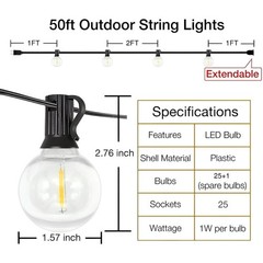 DAYBETTER 50ft Outdoor String Lights with 25 G40 Vintage Bulbs – Waterproof