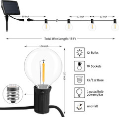 LED Solar String Lights Outdoor 18Ft Waterproof Hanging Lights with 12 Shatterpr