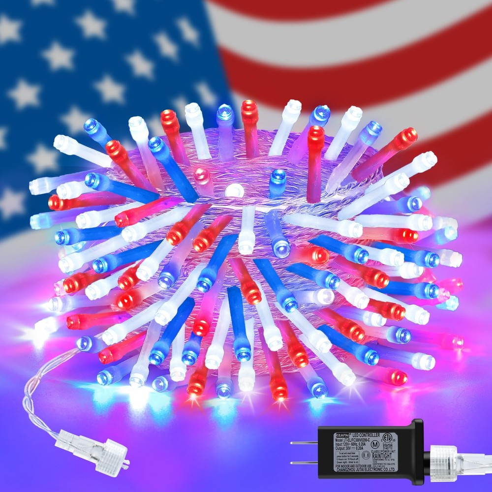 Red White and Blue Lights Outdoor, 32Ft 100 LED Patriotic String Lights for 4Th
