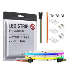 BTF-LIGHTING FCOB WS2811 IC RGB COB LED Strip 3.2FT 720LED/m, White PCB DC12V