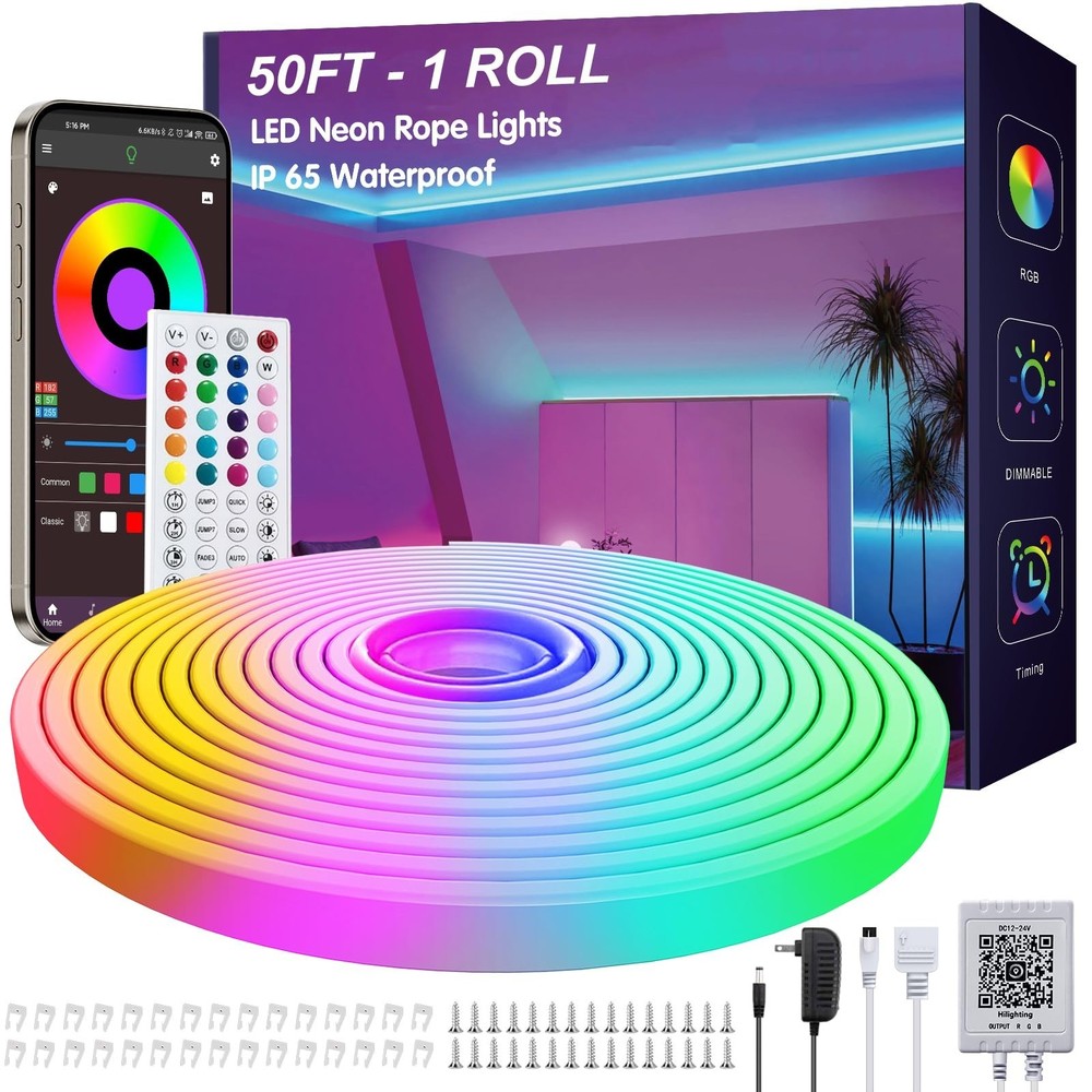 100ft LED Neon Rope Lights with App and Remote Control, IP65 Waterproof Neon