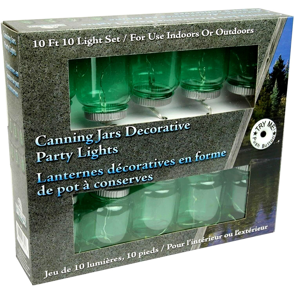 Canning Jars String Party Lights Green Acrylic 10 Twinkling 10-Ft AA Battery NEW